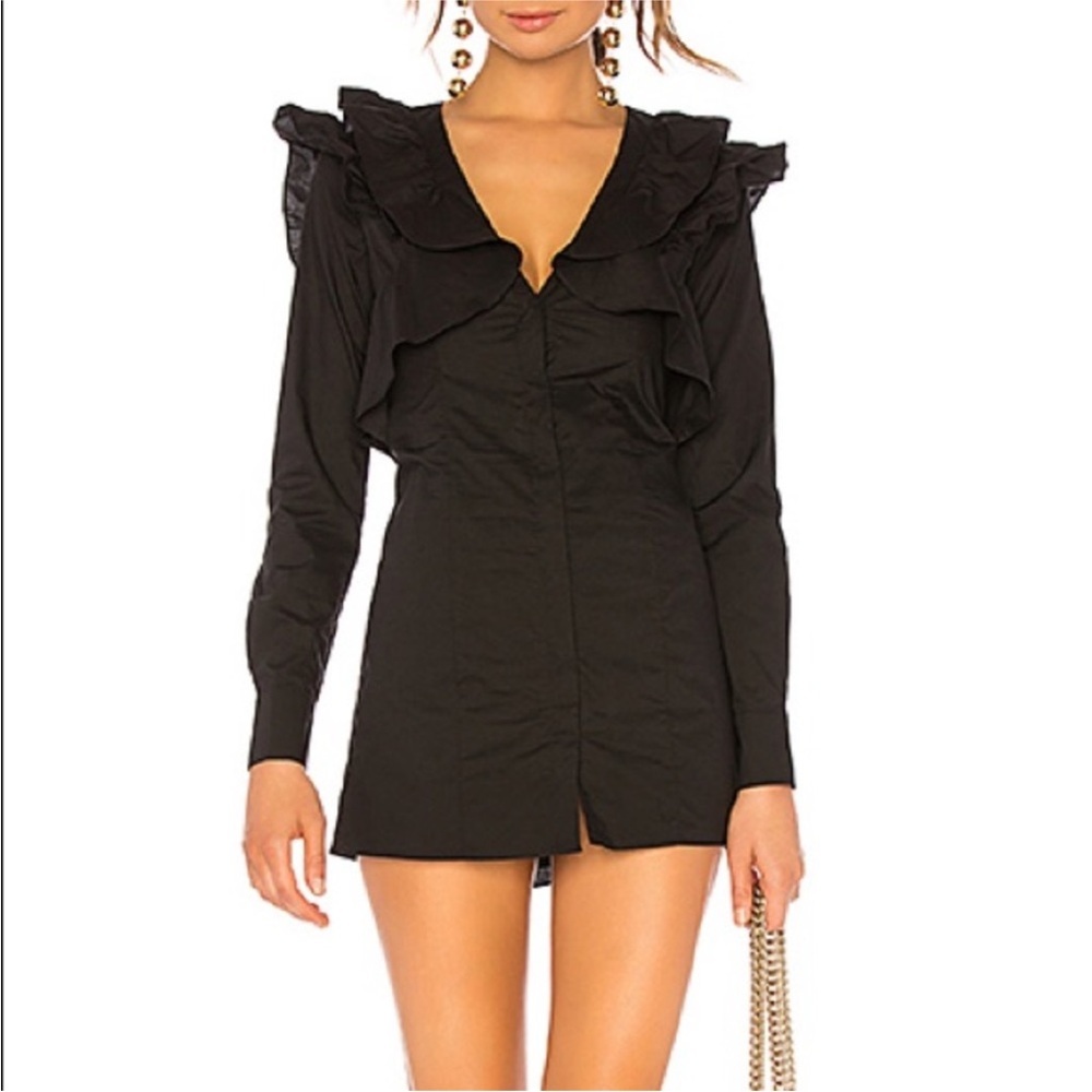 Lovers + Friends x Revolve | Black Ruffle Neckline Nora Long Sleeve Mini Dress